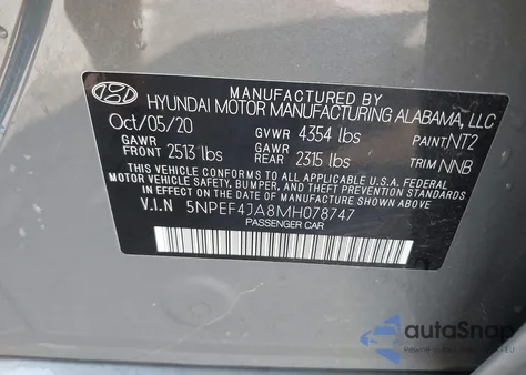 2021 Hyundai Sonata Sel из США, поврежденный, VIN 5NPEF4JA8MH078747